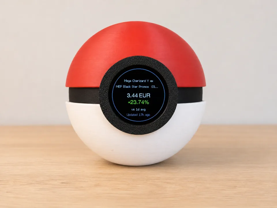 Handmade Pokémon TCG Tracker with a textured PLA enclosure on a wooden surface
