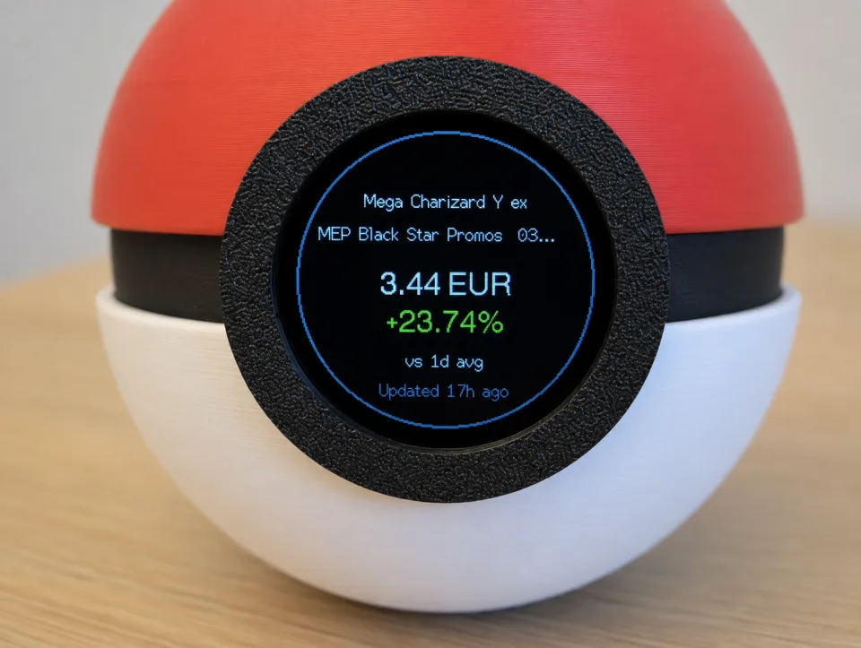 Close view of the Pokémon TCG Tracker round colour screen